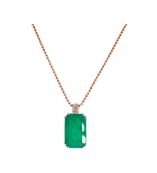 Emerald Diamond Pendant in 18K Rose Gold with Ball Chain Necklace