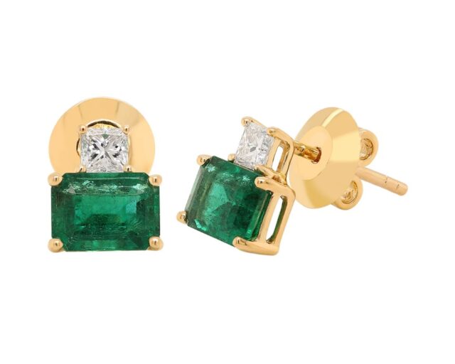 Emerald Princess Cut Diamond Stud Earrings in 18K Yellow Gold 2