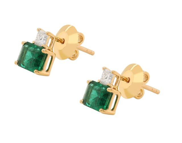 Emerald Princess Cut Diamond Stud Earrings in 18K Yellow Gold 2