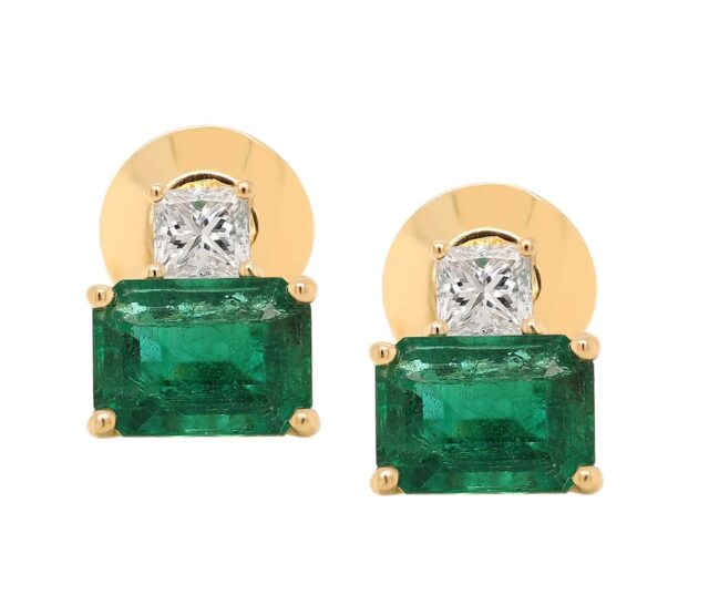 Emerald Princess Cut Diamond Stud Earrings in 18K Yellow Gold 2