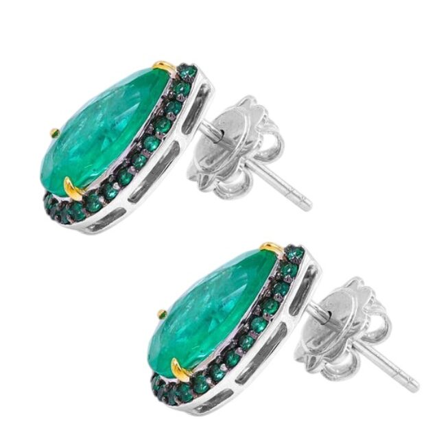 Pear-Shape Emerald Round Emerald Stud Earrings in 18K White Gold 3