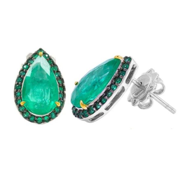 Pear-Shape Emerald Round Emerald Stud Earrings in 18K White Gold 3