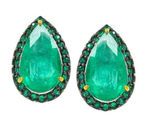 Pear-Shape Emerald Round Emerald Stud Earrings in 18K White Gold 3