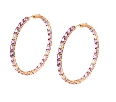 Purple Sapphire Diamond Hoop Earrings in 14K Rose Gold